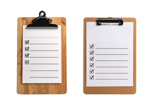 Two clipboards with checklists are shown in png image ideal for HR department use