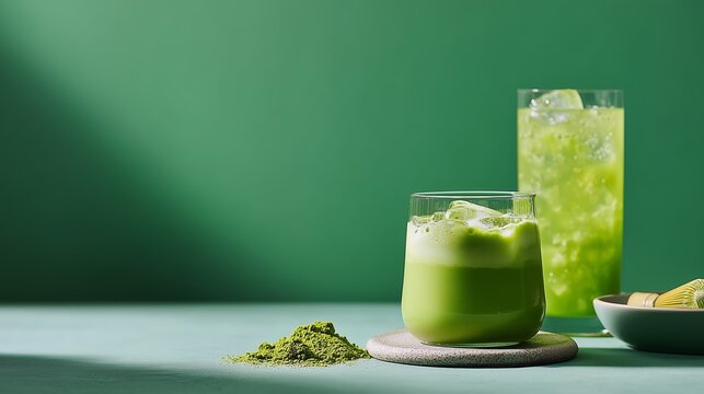 Aesthetic arrangement of iced matcha latte and powder, set against a vibrant green background for a refreshing, calming vibe.