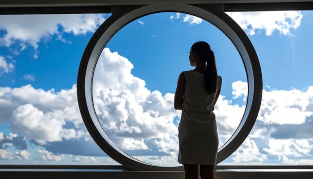 A womans silhouette stands before a large circular window looking out at a beautiful blue sky with clouds.