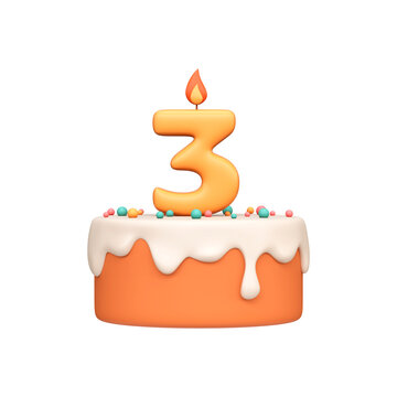 Cartoon 3D Birthday Cake with Candle Number 3. 3 Years Birthday Cake.