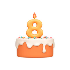 Cartoon 3D Birthday Cake with Candle Number 8. Eighth Birthday Cake.