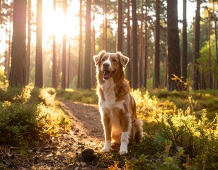 Dog in a sunlit forest path
