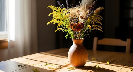 Rustic Vase with Dried Flowers in Sunlight.