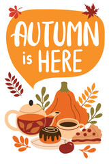 Autumn banner with lettering.Warm fall collection with tea, coffee, blanket and cat and soft armchair. Vector flat cartoon illustration