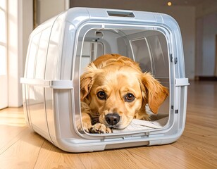 Dog in a plastic carrier