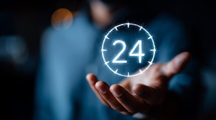 A glowing digital 24-hour clock floating above an open hand, representing time management and futuristic technology.