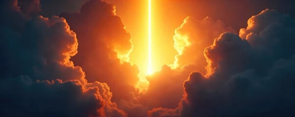 Obraz premium A single, bright light beam cuts through dark clouds, symbolizing hope and divine intervention; a powerful image of spiritual awakening and redemption , redemption, sky