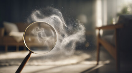 A magnifying glass held close to the camera, revealing glowing, ethereal particles of mold, odor, and viruses swirling in the air of a seemingly pristine. on sunlit living room.