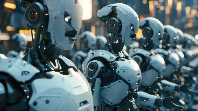 A group of robots standing side by side in a row, possibly awaiting instructions or functioning as a team