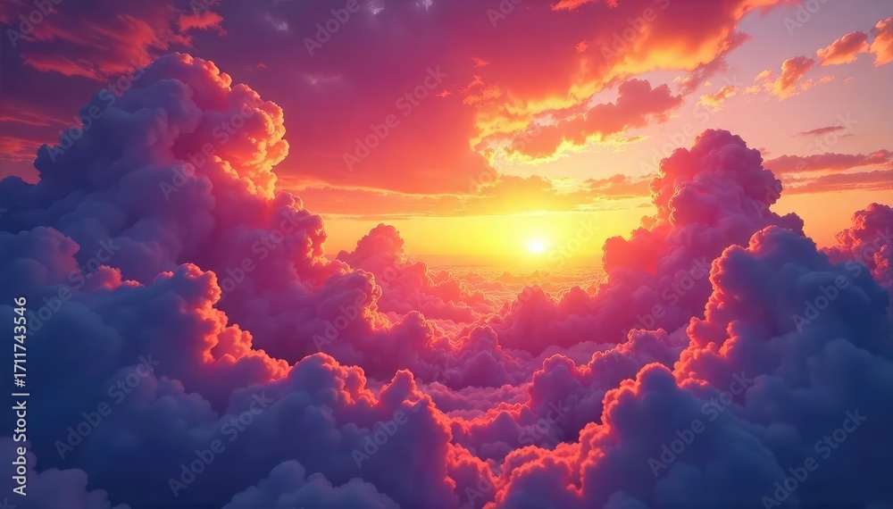 Wall mural vast, surreal clouds stretched and distorted across a vibrant sunset sky, creating an ethereal, drea