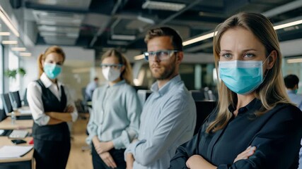 A diverse group of professionals wearing masks stands in a modern office, showcasing teamwork and dedication to health and safety in a corporate environment. - Powered by Adobe