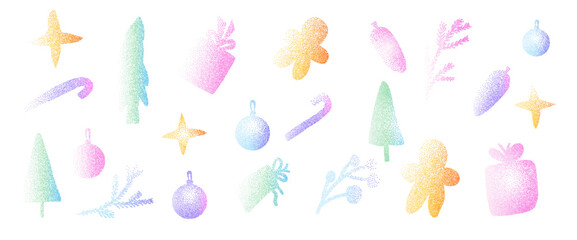 Iridescent gradient noise Christmas elements set. Transition dotwork gradation xmas balls, twinkles and gifts with gingerbread cookies. Grain colorful winter shapes. Vector paint spray icons.