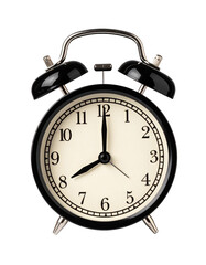 Black Twin Bell Alarm Clock analog classic vintage retro style, isolated on a transparent background, PNG. High resolution.