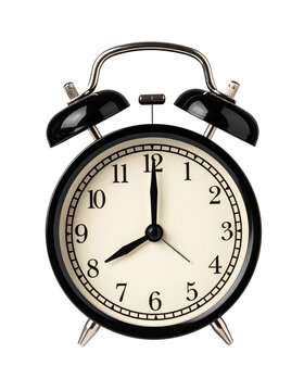Black Twin Bell Alarm Clock analog classic vintage retro style, isolated on a transparent background, PNG. High resolution.
