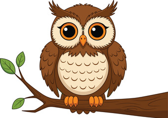 Cute cartoon owl sitting on tree branch, brown feathered bird with big eyes, nature wildlife illustration, adorable animal character, forest, bird watching, kids design