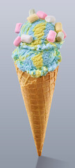 Eistuete mit blauen Eiskugeln und Deko, Eiscreme, Kindereis, blaues Eis, Marchmellows, süss, 