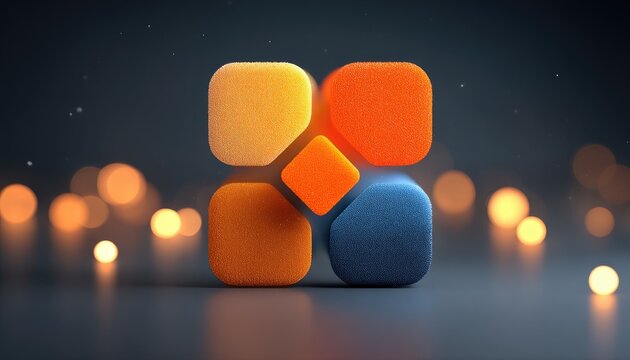 Abstract logo, 3D, geometric, orange, blue, and yellow squares