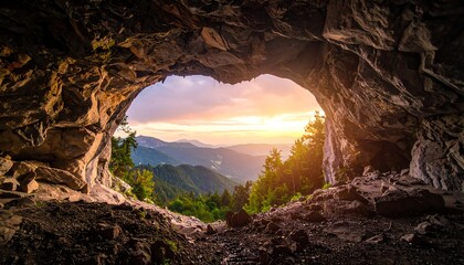 Cave opening to a mountain vista at sunset