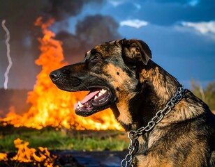 Dog in front of a firestorm