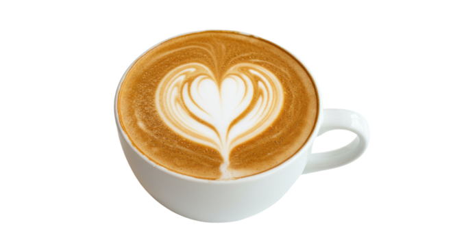 Latte art heart design in a coffee cup.