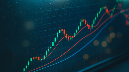 An upward trend in financial data is visually represented through vibrant candlesticks and flowing curves. The image conveys the dynamic nature of the market.