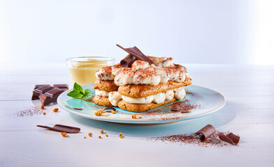 Tiramisu mit Pudding und Schokoladenstuecken, Dessert, Italien, Löffelbisquits, Kakao, 
