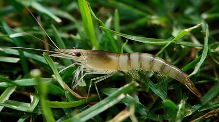 Fototapeta premium A Fresh Raw Grass Shrimp: Premium Fresh Raw Grass Shrimp for Seafood Dishes, Fresh-Caught Raw Grass Shrimp—Tender Raw Grass Shrimp for Sashimi, Salads & Fresh Seafood Plates