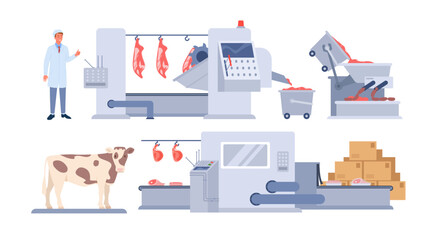 Beef production factory, automation butchery process, slaughterhouse manufacture. Industry chain from cow farm, meat processing and distribution with control of supervisor cartoon