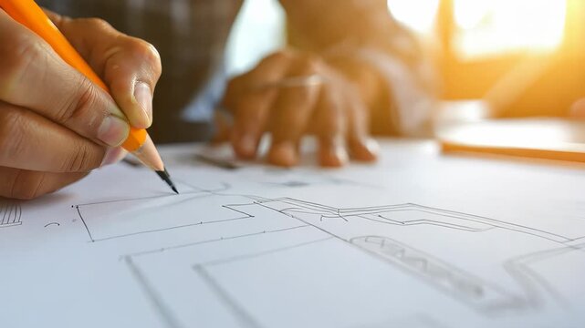 This image captures a close-up view of hands holding a pencil over an architectural blueprint. The workspace is well-lit, reflecting creativity and design.