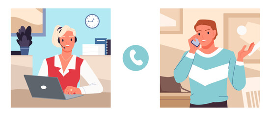 Fototapeta premium Operator of customer support service and man talk on phone, helpdesk communication. Female manager with headphone and laptop consulting client with complaint online cartoon vector illustration