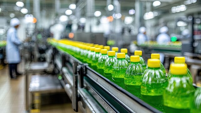 Bottles moving on factory conveyor