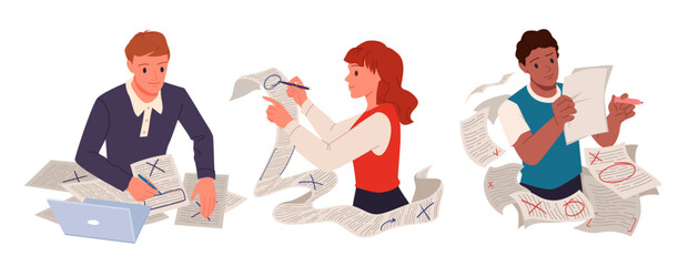 man woman sitting at table with laptop and pile of paper sheets with text, holding pen to correct mistakes cartoon. Document review and grammar error check by editor, teacher