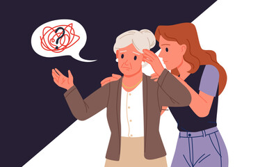 Fototapeta na wymiar Help and support for older people with dementia. Girl volunteer or nurse hugging elderly woman with care, sad grandmother patient with memory loss and headache troubles cartoon vector illustration