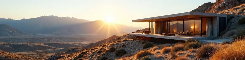 Fototapeta premium A sleek, modern hotel situated right on the border, offering stunning views of the landscape The architecture blends seamlessly with the natural environment , nature, peaceful