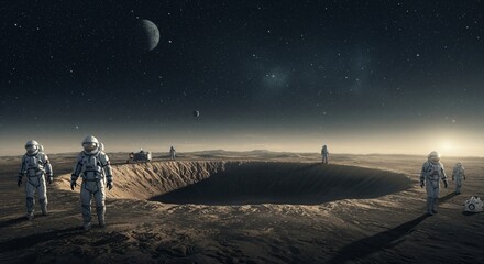 Astronaut group walking on mars like planet surface. Space explorer team on extraterrestrial expedition. Sci fi mission.