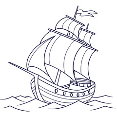 Vector art of a cartoon sailing ship sails on the ocean, its sails billowing in the wind, in a black and white line drawing