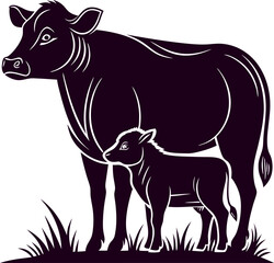 Obraz premium Elegant silhouette of a mother cow and calf in a side view minimalist design