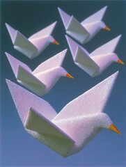Soft pink origami birds soar against a muted blue sky