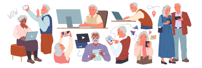 Old people using phone, computer and laptop set. Senior man and woman holding smartphones to chat in social media, use map and video player mobile app, grandparents at PC cartoon