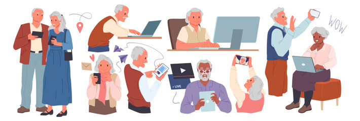 Old people using phone, computer and laptop set. Senior man and woman holding smartphones to chat in social media, use map and video player mobile app, grandparents at PC cartoon vector illustration