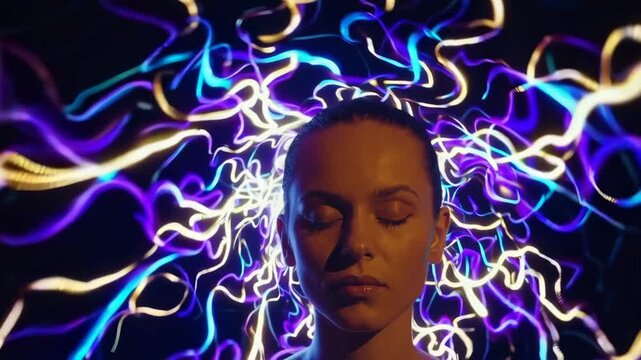 Conceptual visualization of energy waves radiating from a woman&rsquo;s head, symbolizing meditation and mindfulness.