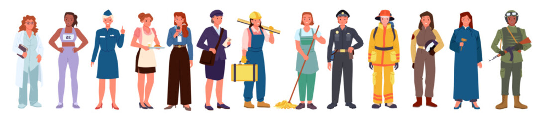 Women of different professions and career set. Young female characters with various professional occupation, front portraits of happy smiling girls workers in uniform cartoon vector illustration