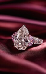 Pear-shaped diamond ring, accented with smaller stones, on a deep maroon fabric