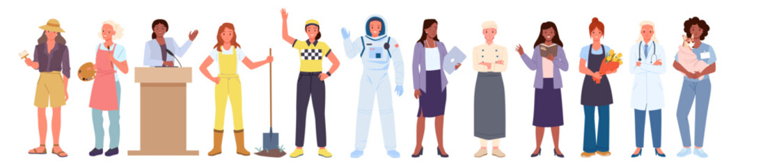 Women of different professions and career set. Young female characters with various professional occupation, front portraits of happy smiling girls workers in uniform cartoon vector illustration