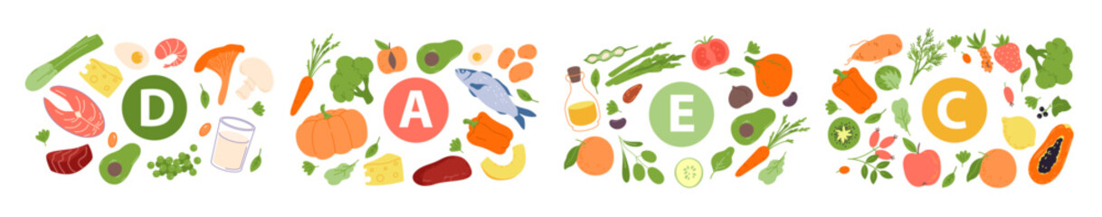 Food with vitamin A C E D infographic banner design set. Organic fruits and vegetables, dairy products and fish, meat and mushrooms as natural vitamin sources in diet