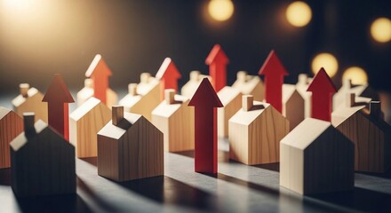 Housing Market Growth Wooden Houses and Rising Red Arrows Symbolize Real Estate Appreciation