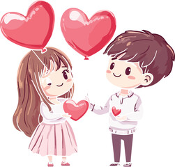 Adorable cartoon couple holding a heart with love balloons floating above them on white background