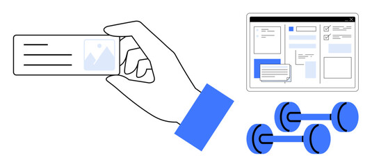Hand holding a business card, web design interface overview, and dumbbells highlighting multitasking. Ideal for branding, creativity, web tools, fitness, work-life balance, organization simple flat