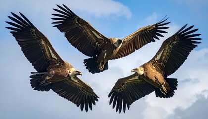 Obraz premium Three vultures soaring in a cloudy sky