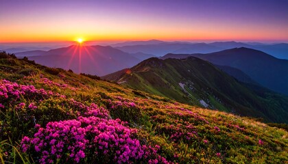Obraz premium Majestic Mountain Sunset with Vibrant Rhododendrons in the Foreground.